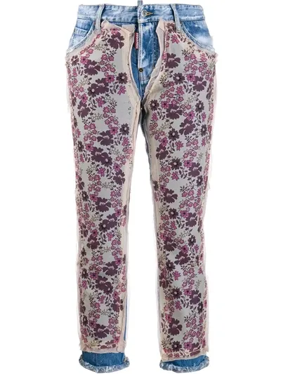 Dsquared2 Floral Panelled Cropped Jeans In Blue