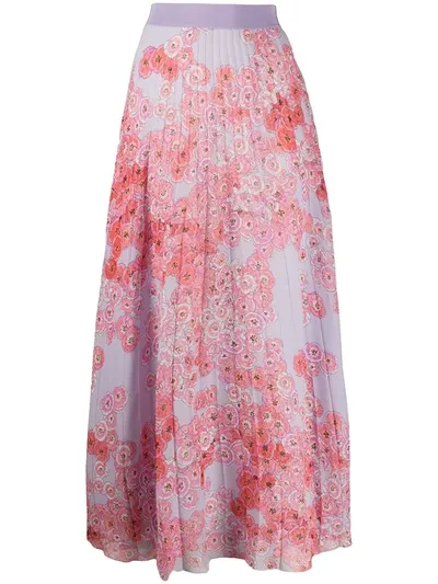 Giambattista Valli Poppy-print Pleated Chiffon Skirt In Purple