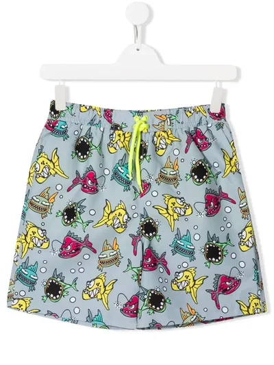 Stella Mccartney Teen Fish Print Swim Shorts In Grey