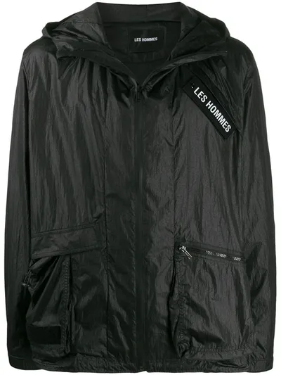 Les Hommes Hooded Windbreaker Jacket In Black