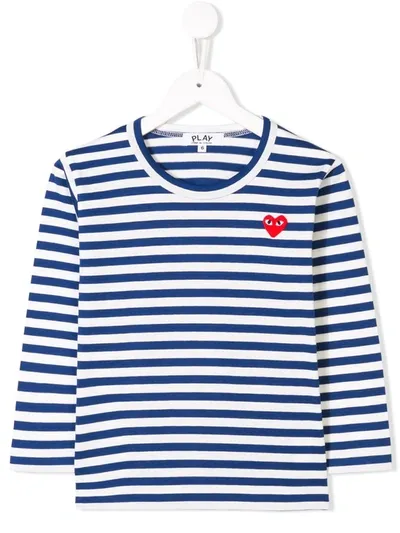 Comme Des Garçons Play Kids' Striped Jersey T-shirt W/ Logo Patch In Blue