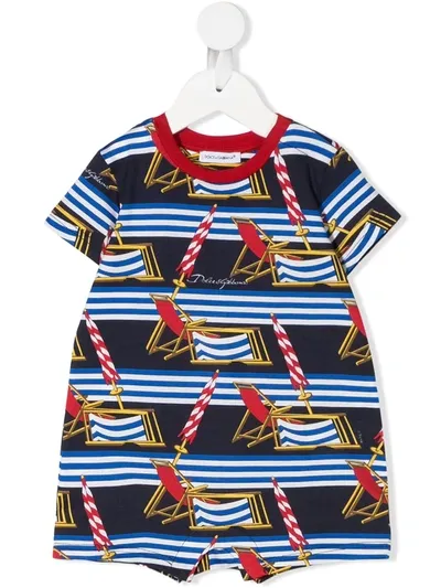 Dolce & Gabbana Striped Beach Scene-print Babygrow In Blue