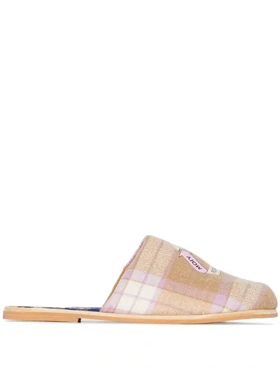 Natasha Zinko Beige Recycle Logo Checked Wool Slippers In Neutrals