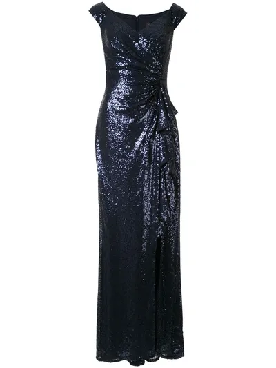 Tadashi Shoji Cross Shoulder Sequin Gown In Purple