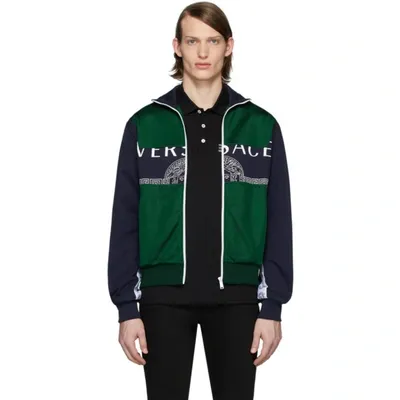 Versace Two-tone Logo-print Track Jacket In Blue