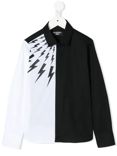 Neil Barrett Kids' Colour Block Lightening Bolt Print Shirt In Black