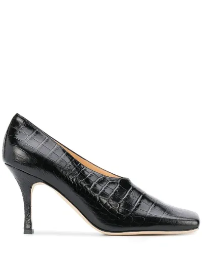 A.w.a.k.e. 'matilda' Square Toe Croc Embossed Leather Pumps In Black