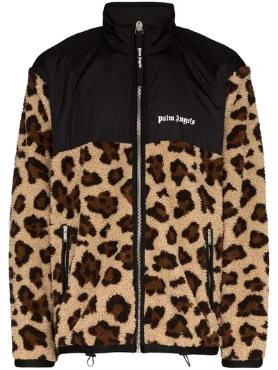 Palm Angels Leopard Print Zip-up Jacket In Brown