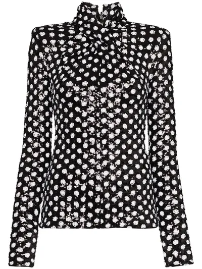 Richard Quinn Twisted Polka Dot Sequin Top In Black