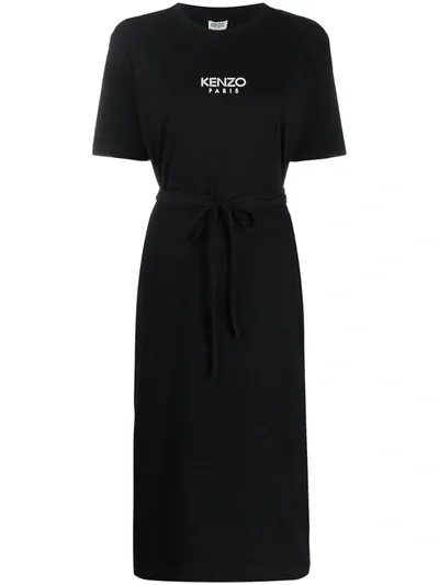 Kenzo Belted Logo-print Cotton-jersey Midi Dress In Black