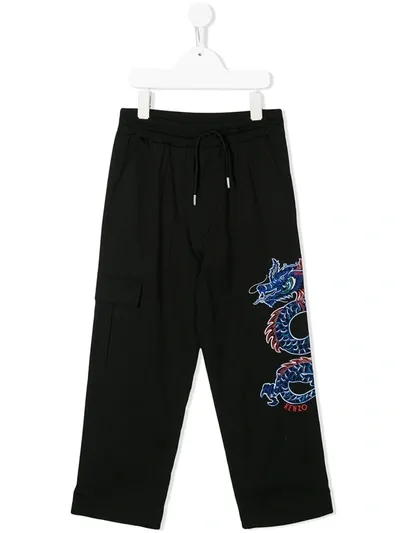 Kenzo Kids' Dragon Embroidered Drawstring Trousers In Black