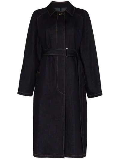 Moncler Pistache Long Denim Trench Coat In Blue