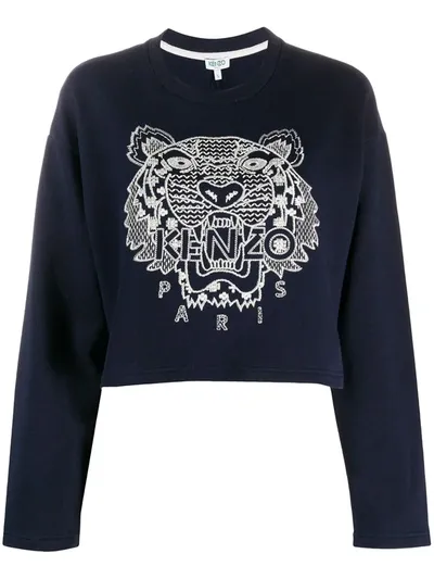 Kenzo Tiger-embroidered Cropped Sweatshirt In Blue