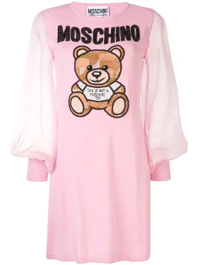 Moschino Cotton Dress Teddy Embroidery In Confetti Pink