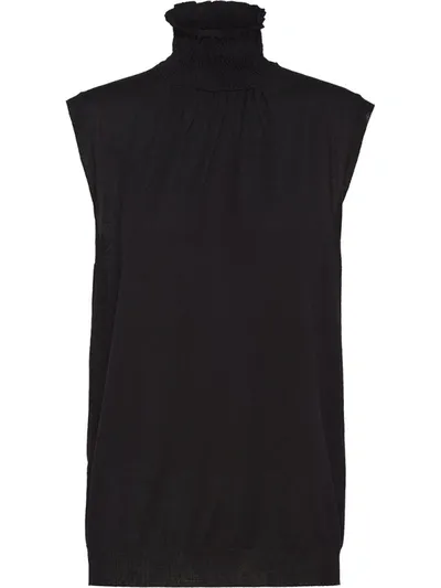 Prada Smocked-collar Knitted Vest In Black