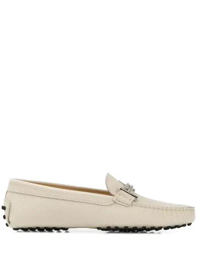 Tod's Reptile Printed Gommino Driving Loafers In White