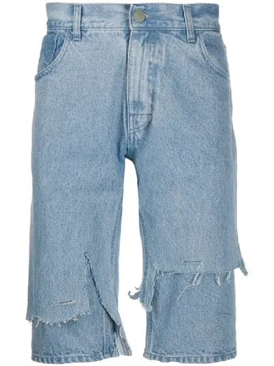 Raf Simons Distressed Straight Denim Shorts In Blue