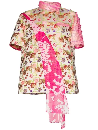 Shuting Qiu Contrast Panel Floral-print Jacquard Shirt In Pink