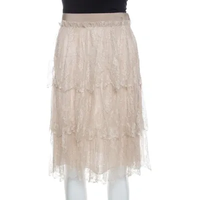 Pre-owned Valentino Beige Floral Tulle Tiered Skirt M