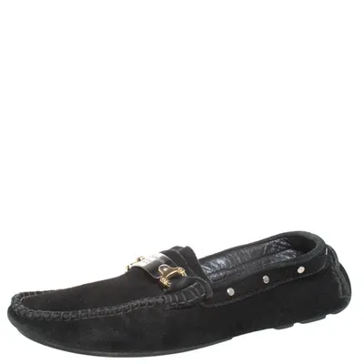 Pre-owned Dolce & Gabbana Black Suede Metal Logo Slip On Loafers Size 41