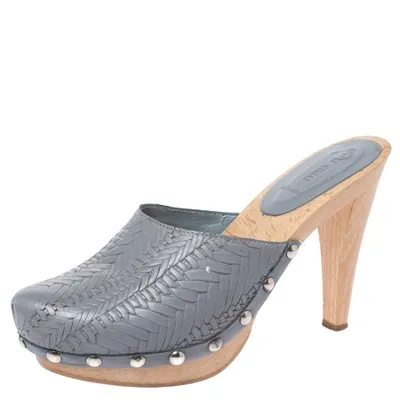 Pre-owned Miu Miu Grey Leather Studded Platform Clogs Size 40