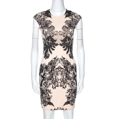 Pre-owned Mcq By Alexander Mcqueen Bicolor Lace Printed Jersey Fitted Dress Xs In Cream