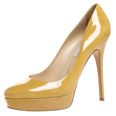 Pre-owned Jimmy Choo Light Mustard Patent Leather Cosmic Platform Pumps Size 40 In Yellow