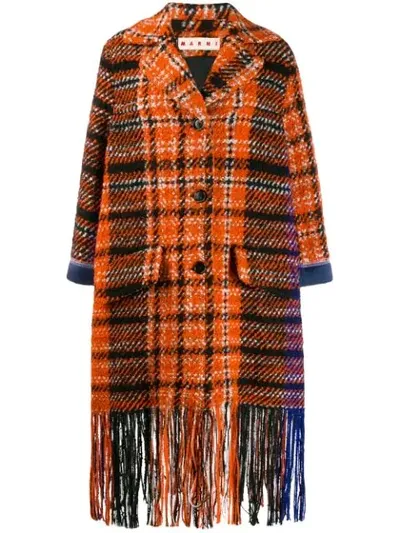 Marni Satin-trimmed Fringed Checked Wool-blend Bouclé-tweed Coat In Carrot