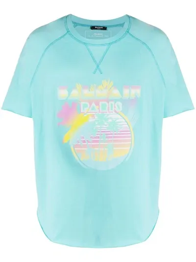 Balmain Graphic Print Cotton T-shirt In Blue