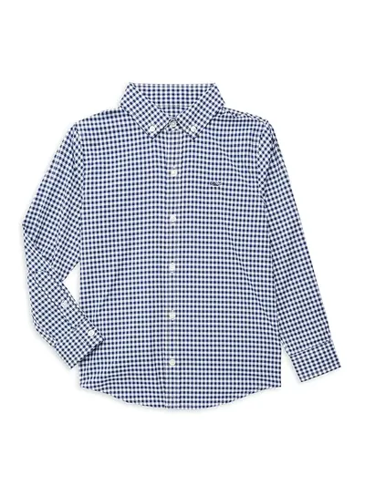 Vineyard Vines Kids' Arawak Gingham Whale Performance Button-down Shirt In Deep Bay