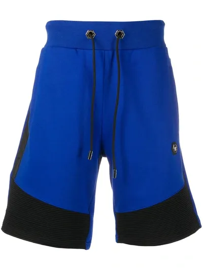 Philipp Plein Ribbed Hem Cotton Track Shorts In Blue