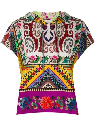 Etro Patchwork Print Short Sleeve Hoodie In Purple