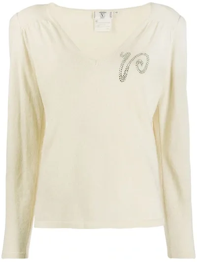 Pre-owned Valentino 1980s Rhinestone Logo Knitted Blouse In Neutrals