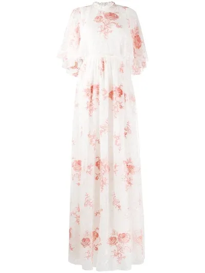 Giambattista Valli Rose-embroidered Cape-sleeve Lace Gown In White