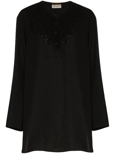 Saint Laurent Appliqued Silk-blend Voile Tunic In Black