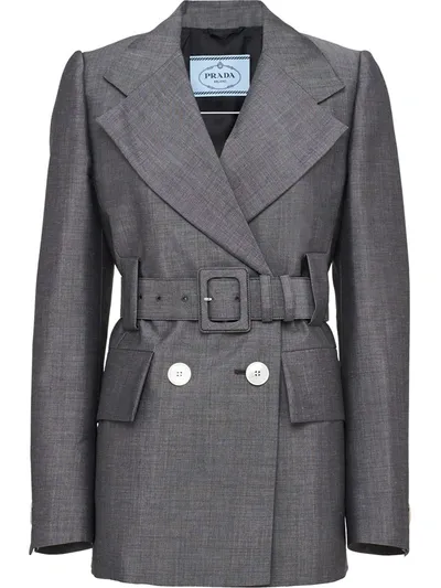 Prada Double-breasted Belted Blazer In Grey