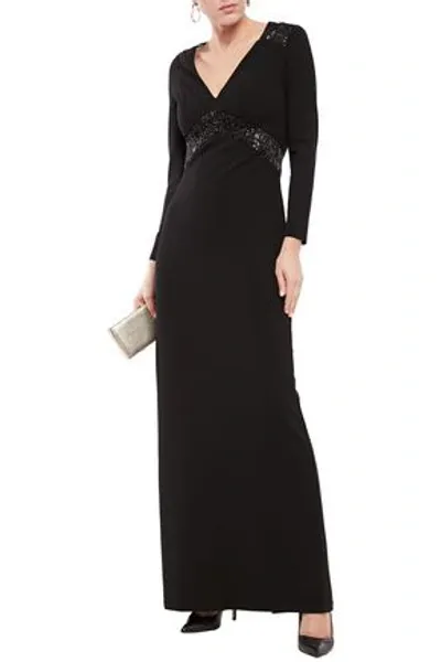 Halston Embellished Tulle-paneled Stretch-crepe Gown In Black