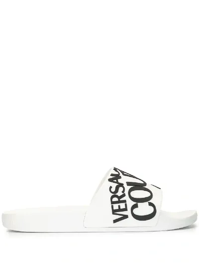 Versace Jeans Couture Logo Pool Slides In Bianco