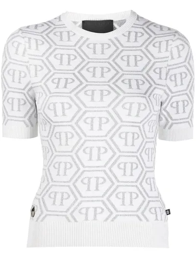 Philipp Plein All Over Logo Knitted Top In White