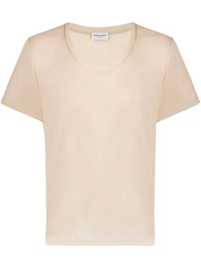 Saint Laurent Round Neck Sheer T-shirt In Neutrals