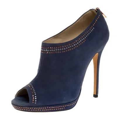 Pre-owned Jimmy Choo Blue Studded Suede Peep Toe Booties Size 39.5