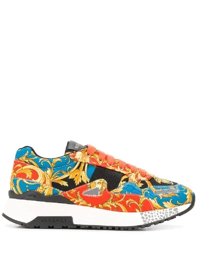 Versace Printed Canvas Low-top Sneakers In Blue