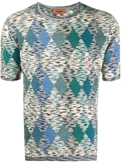 Missoni Argyle-knit Short Sleeve Jumper In Blue