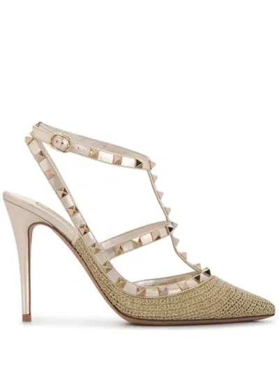 Valentino Garavani Rockstud Ankle Strap Pumps In Gold