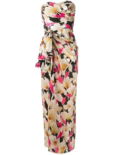 Bambah Draped Bow Floral Print Dress In Yellow