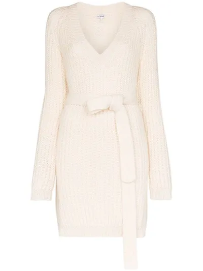 Loewe Belted Ribbed Knit Sweater In White