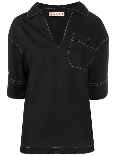 Marni Cotton Poplin Short Sleeve Polo Neck Blouse In Black