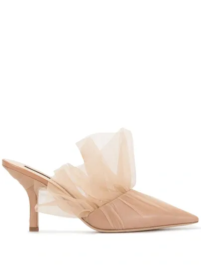 Midnight 00 Antoinette Tulle-covered Patent-leather Mules In Neutrals