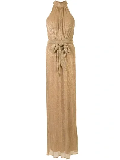 Halston Tie-waist Gathered Mock-neck Gown In Gold