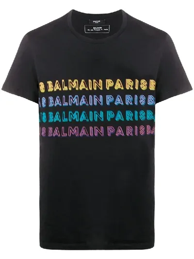 Balmain Rainbow Logo-print Cotton T-shirt In Black